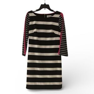 ELIZA J Black and White Boatneck Striped Dress with Pink Accents